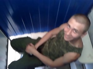 Seductive russian soldier Semen jerking in toilet