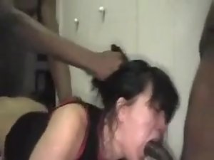 Asian dirty wife destroyed by a lot of black shafts