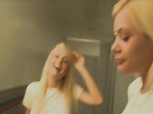 Two blond dirty ladies suck in toilet